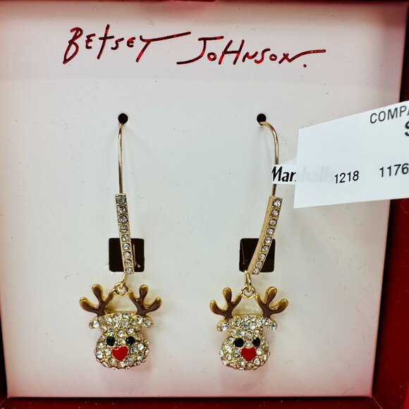 NEW Betsey Johnson Reindeer Rhinestone Drop Earrings Gold Tone - Picture 1 of 4